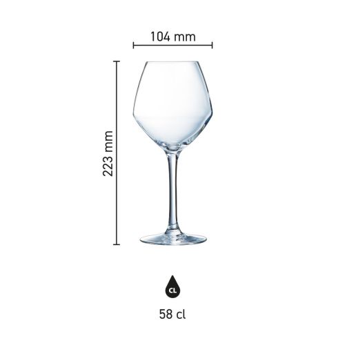 Overzicht van de afmetingen van het Cabernet young wijnglas 58 cl in grafische weergave.