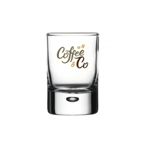Centra Shot 6,3 cl glas met CoffeeCo-logo in meerdere kleuren op het vooraanzicht van het drinkglas.