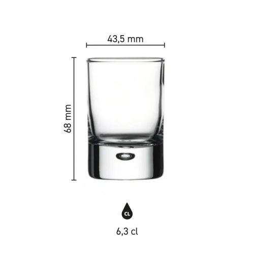 Infographic met afmetingen van het Centra Shot 6,3 cl glas inclusief hoogte en diameter.