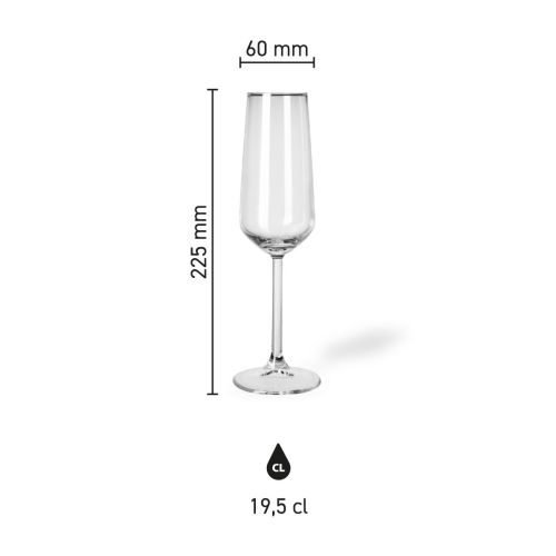 Overzichtsafbeelding met afmetingen van de Allegra champagneflute 19,5 cl., inclusief hoogte en inhoud.