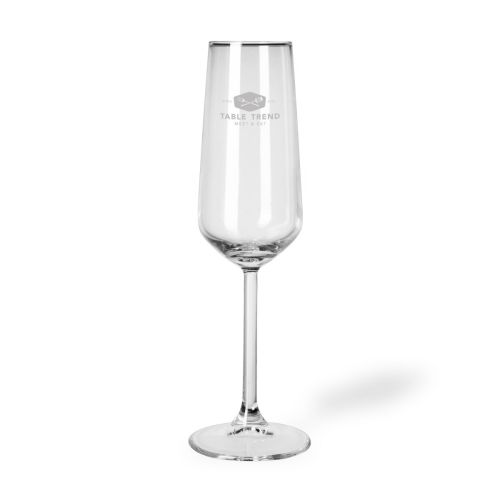 Glazen champagneflute Allegra 19,5 cl met TableTrend logo als gravure zichtbaar op het vooraanzicht.