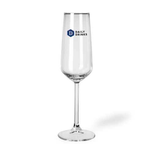 Glazen champagneflute Allegra 19,5 cl met meerkleurig DailyDrinks logo gedrukt op het vooraanzicht.