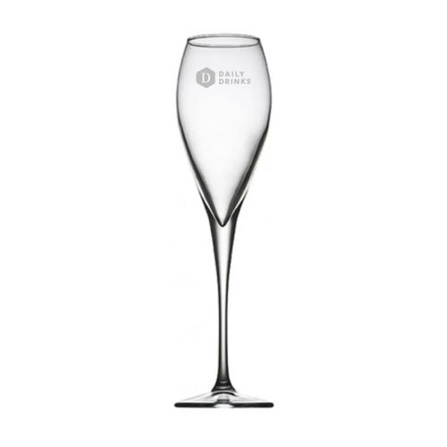 Glazen champagneflute van 22,5 cl met gegraveerd DailyDrinks-logo zichtbaar aan de voorkant.