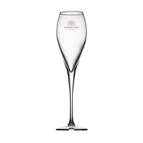 Monte Carlo champagneglas van 22,5 cl met meerkleurig CorkColor-logo op de voorzijde.