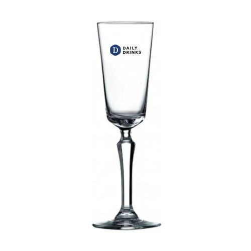 Voorzijde van champagneglas Spksy met meerkleurig DailyDrinks-logo subtiel op het glas gedrukt. Voorzijde van champagneglas Spksy met meerkleurig DailyDrinks-logo subtiel op het glas gedrukt.