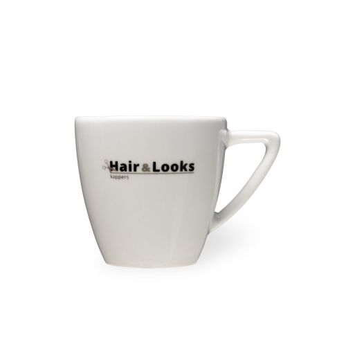 Classic wit porseleinen koffie kopje 15 cl. met meerkleurig Hair & Looks kapperslogo op voorzijde, klassiek model en glad oppervlak.