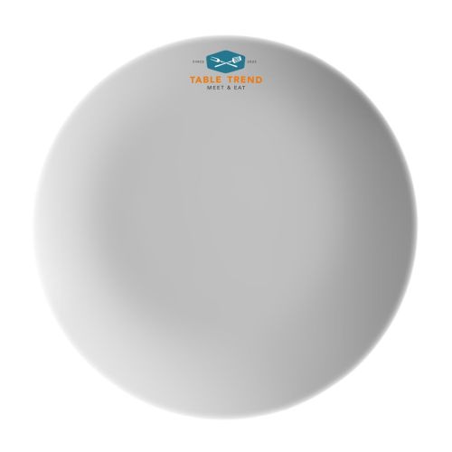 Porseleinen bord Isabelle 27 cm bedrukt met meerkleurig TableTrend-logo op het midden van het bord.