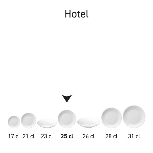 Reeks van Hotel coupeborden wit porselein gepresenteerd als bij elkaar horende servieslijn.