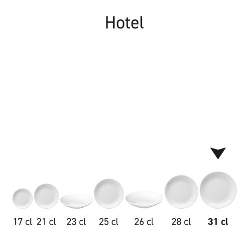 Overzicht van meerdere witte Hotel coupeborden porselein in een complete serviesserie.