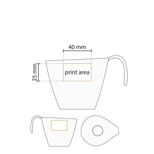 Technische werktekening van Dream kop en schotel 15 cl porselein met aanduiding van het drukoppervlak. Technische werktekening van Dream kop en schotel 15 cl porselein met aanduiding van het drukoppervlak.