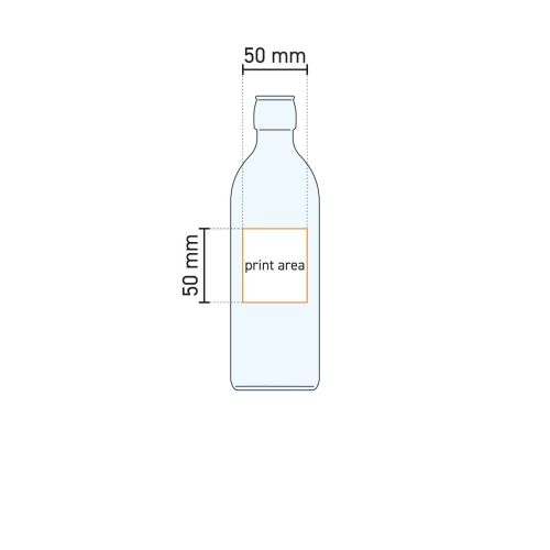 Technische werktekening toont het drukgebied op de glazen Emilia fles 0,25 liter met beugel.