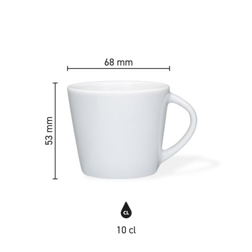 Infographic met afmetingen van de Eva Espresso Kop wit 10 cl. porselein, overzichtelijk weergegeven.
