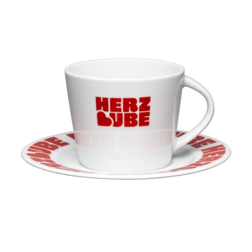 Eva koffiekop en schotel 20 cl porselein met eenkleurig logo van Herzube op de voorzijde