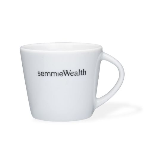 Eva koffiekop 20 cl. van porselein met meerkleurig SemmieWealth-logo op het voorpaneel