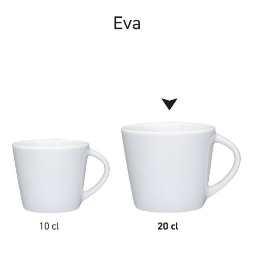 Serie Eva Koffie Koppen van 10 cl. en 20 cl. in porselein gepresenteerd in verschillende posities.