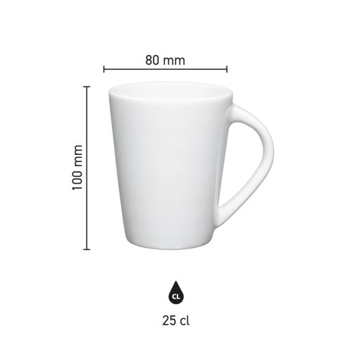 Maatvoering van de Eva mok wit 25 cl porselein met hoogte, diameter en inhoud in infographic