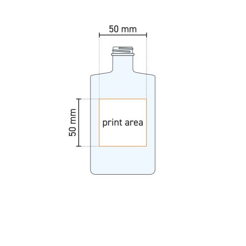 Technische werktekening van de Fles Berlin 0,2 liter glas met aanduiding van het drukgebied op de voorzijde. Technische werktekening van de Fles Berlin 0,2 liter glas met aanduiding van het drukgebied op de voorzijde.