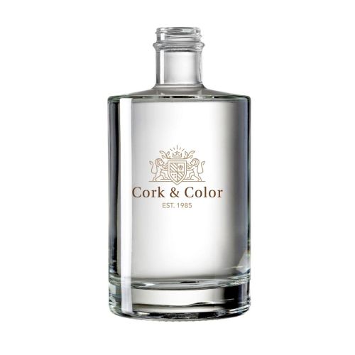 Fles van glas met 0,7 liter inhoud, bedrukt met meerkleurig logo CorkColor op de voorzijde. Fles van glas met 0,7 liter inhoud, bedrukt met meerkleurig logo CorkColor op de voorzijde.