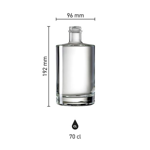 Afbeelding toont afmetingen en verhoudingen van de Berlin 0,7 liter fles in glas, schematisch weergegeven. Afbeelding toont afmetingen en verhoudingen van de Berlin 0,7 liter fles in glas, schematisch weergegeven.