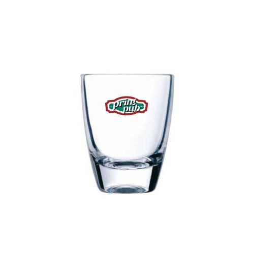 Vooraanzicht van gin shotglas 3,5 cl met meerkleurig logo van PrintPub bedrukt op het glas.