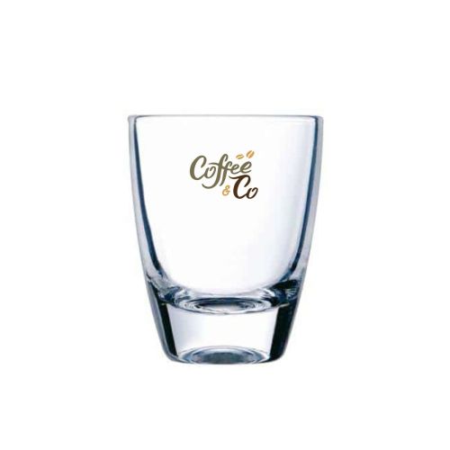 Shotglas 5 cl met meerkleurig CoffeeCo-logo op de voorzijde, bedrukt in 2 tot 4 kleuren.