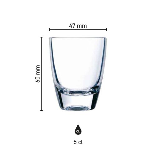 Infografisch overzicht met afmetingen van gin shotglas 5 cl van glas, inclusief hoogte en diameter.