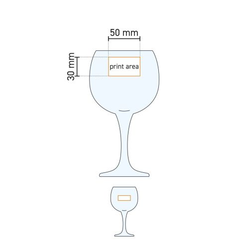 Technische werktekening van Gin Tonic glas Ambassador 56 cl. met aanduiding van bedrukkings- en graveergebied. Technische werktekening van Gin Tonic glas Ambassador 56 cl. met aanduiding van bedrukkings- en graveergebied.