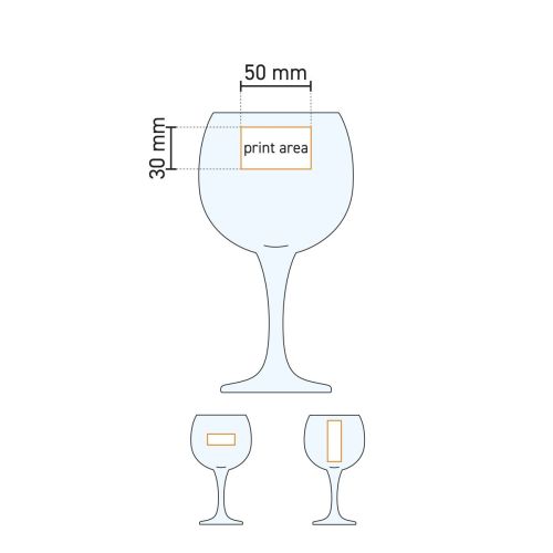 Technische werktekening van Gin Tonic glas Ambassador 79 cl. met markering van bedrukkings- en graveergebied. Technische werktekening van Gin Tonic glas Ambassador 79 cl. met markering van bedrukkings- en graveergebied.
