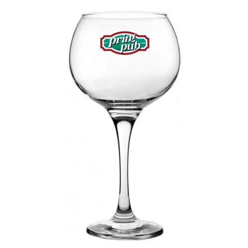 Vooraanzicht van Gin Tonic glas Ambassador 79 cl. bedrukt met meerkleurig PrintPub-logo op het middenvlak. Vooraanzicht van Gin Tonic glas Ambassador 79 cl. bedrukt met meerkleurig PrintPub-logo op het middenvlak.