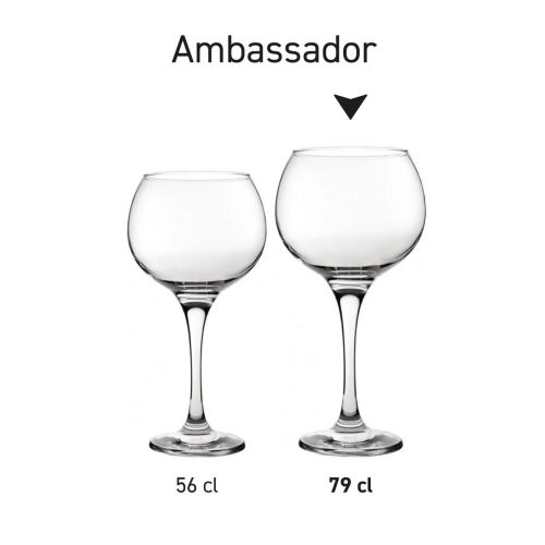 Seriebeeld van Gin Tonic glazen Ambassador 79 cl. met gelijke vormgeving en verschillende inhouden, getoond als productlijn. Seriebeeld van Gin Tonic glazen Ambassador 79 cl. met gelijke vormgeving en verschillende inhouden, getoond als productlijn.