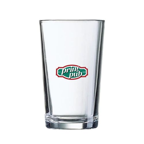 Glas Conique 28 cl. bedrukt met meerkleurig PrintPub-logo op het voorvlak van het glas.