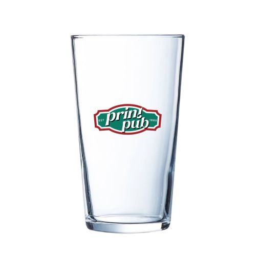 Glas Conique 47 cl. met gekleurd logo op de voorkant, bedrukt met PrintPub-logo in meerdere kleuren.