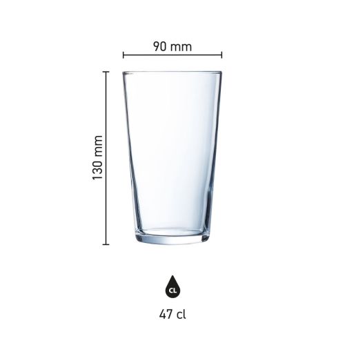 Infographic met afmetingen van Glas Conique 47 cl., inclusief hoogte en diameter in centimeters.