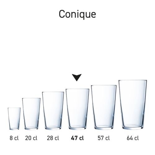 Drie identieke Conique-glazen in serie-opstelling, tonen variatie in inhoud maar met gelijke uitvoering.