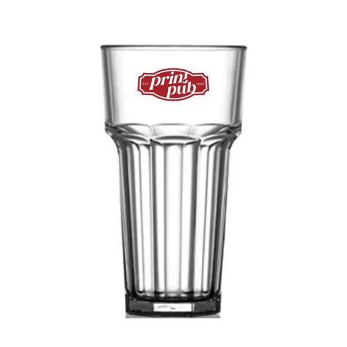 Kunststof Glas Remedy Hoog 40 cl in vooraanzicht, met enkelkleurig PrintPub-logo centraal op het glasoppervlak.