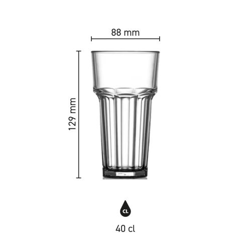 Infographic met maatvoering van Glas Remedy Hoog 40 cl; kunststof drinkglas met hoogte en diameter in millimeters.