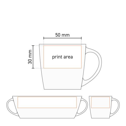 Technische werktekening van keramieken Handy Espresso Kop met aanduiding van het drukgebied.