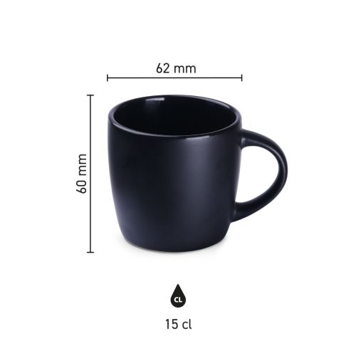 Infographic toont afmetingen van Handy Espresso Kop 10 cl. keramiek inclusief hoogte en diameter.