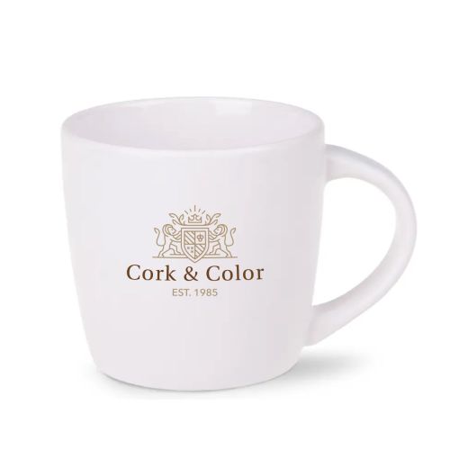 Porseleinen Handy mok Wit 30 cl. vooraanzicht met meerkleurig CorkColor logo. Porseleinen Handy mok Wit 30 cl. vooraanzicht met meerkleurig CorkColor logo.