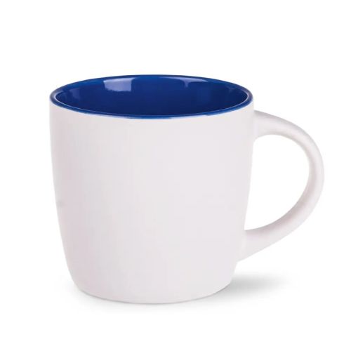 Vooraanzicht van Handy mok 30 cl. wit-blauw porselein met rechte wanden en glad, glanzend oppervlak. Vooraanzicht van Handy mok 30 cl. wit-blauw porselein met rechte wanden en glad, glanzend oppervlak.