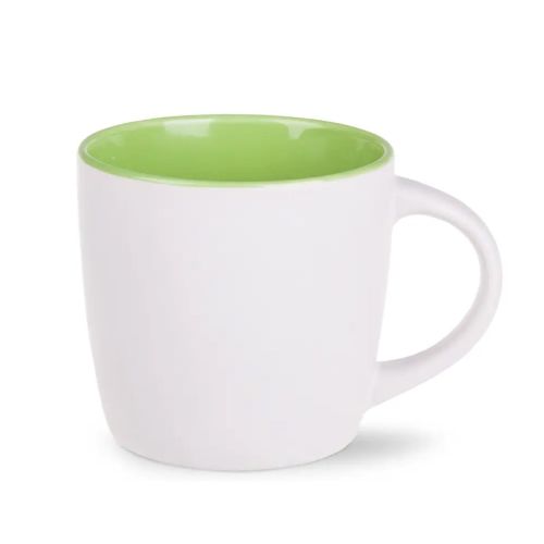 Vooraanzicht van Handy mok 30 cl. wit-groen porselein met rechte wanden en glad, glanzend oppervlak. Vooraanzicht van Handy mok 30 cl. wit-groen porselein met rechte wanden en glad, glanzend oppervlak.