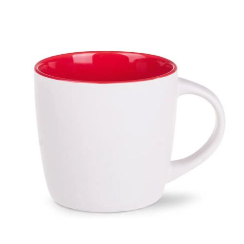 Vooraanzicht van Handy mok 30 cl. wit-rood porselein met rechte wanden en glad, glanzend oppervlak. Vooraanzicht van Handy mok 30 cl. wit-rood porselein met rechte wanden en glad, glanzend oppervlak.