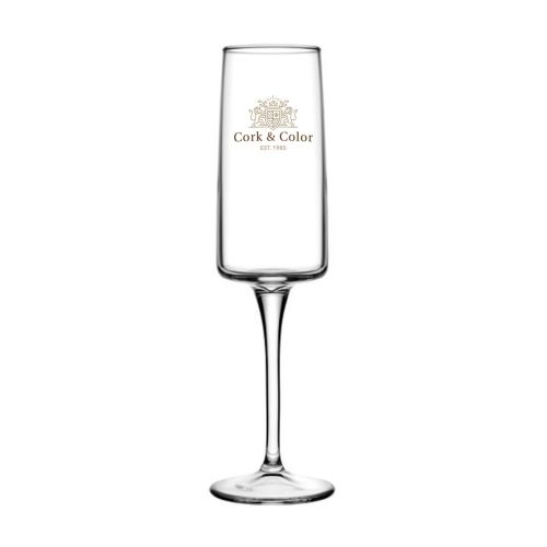 Vooraanzicht van het Iconic champagneglas 19 cl. met CorkColor-logo in meerdere kleuren op het glas. Vooraanzicht van het Iconic champagneglas 19 cl. met CorkColor-logo in meerdere kleuren op het glas.