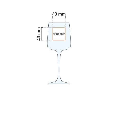 Technische werktekening van het 27 cl Iconic wijnglas met gemarkeerde zones voor bedrukking of gravure Technische werktekening van het 27 cl Iconic wijnglas met gemarkeerde zones voor bedrukking of gravure