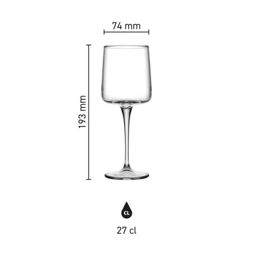 Infografiek toont de afmetingen van het Iconic wijnglas 27 cl in glas, inclusief hoogte en diameter. Infografiek toont de afmetingen van het Iconic wijnglas 27 cl in glas, inclusief hoogte en diameter.