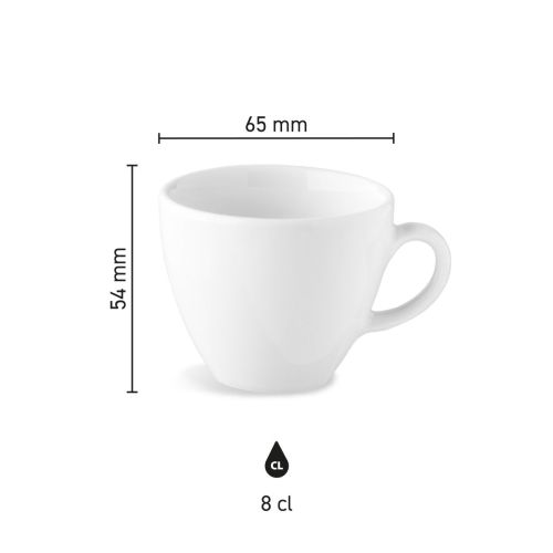 Maatvoering van de Isabelle espresso kop 8 cl. van porselein met hoogte, diameter en inhoud in infographic