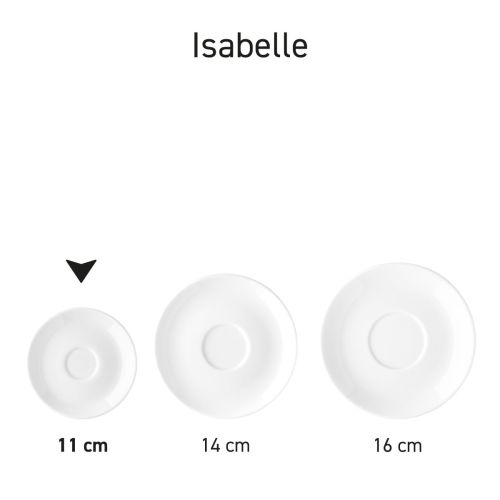 Isabelle Espresso Schotel 11 cm porselein in serie, meerdere exemplaren naast elkaar getoond
