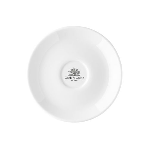 Isabelle Koffie Schotel 14 cm porselein met eenkleurig CorkColor-logo op de schotel