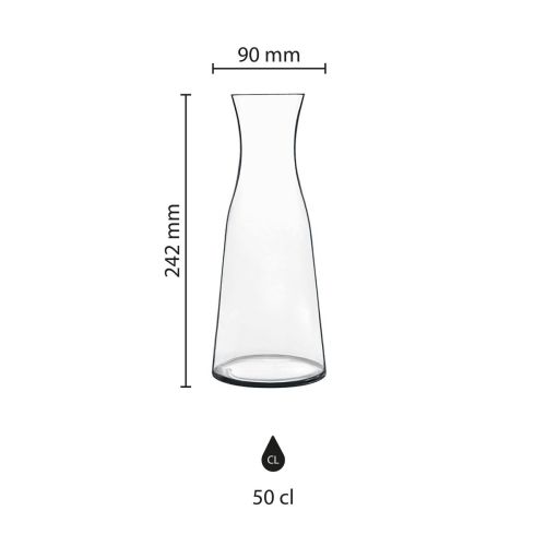 Technische werktekening van glazen karaf 0,5 liter met aanduiding van het drukgebied op het oppervlak.