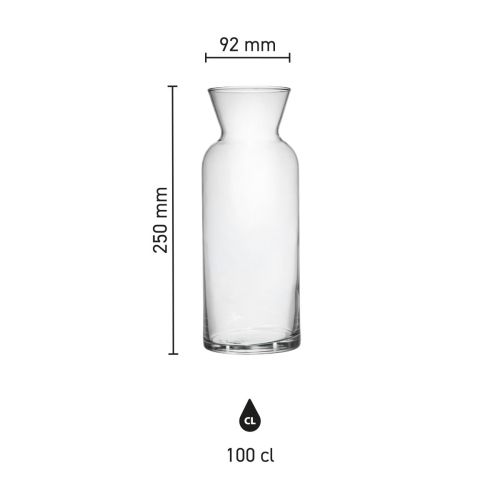 Infographic toont hoogte, diameter en inhoud van glazen karaf Village 1,00 liter.
